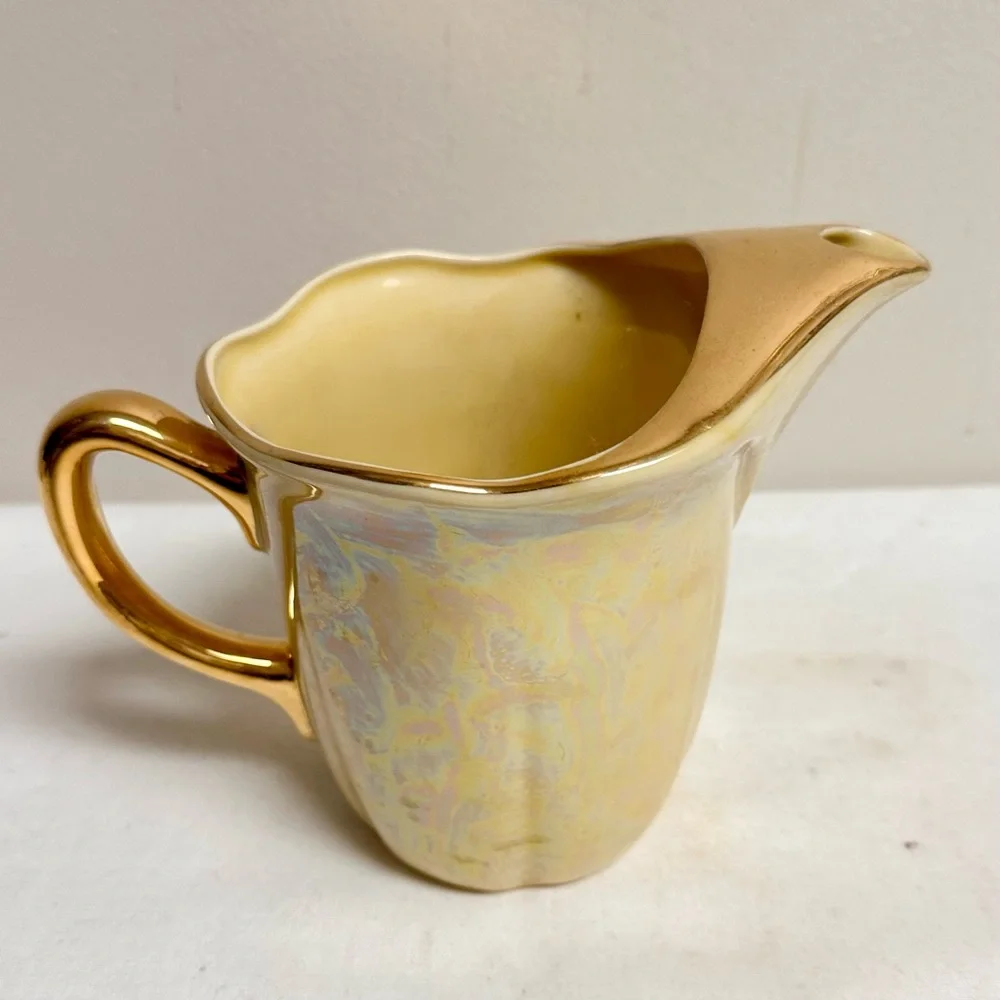 Iridescent Yellow Lustreware Ceramic Pitcher 22K Gold Trim
